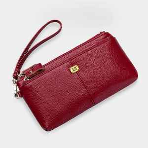 กระเป๋าสตางค์หนังแท้ กระเป๋าถือทรงยาว กระเป๋าใส่โทรศัพท์มือถือ กระเป๋าสะพายไหล่สำหรับผู้หญิง กระเป๋าหนังวัวชั้นบน สีพื้น