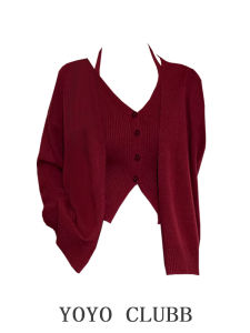 เสื้อคาร์ดิแกนถักสีแดง YOYO CLUBB สำหรับผู้หญิง เสื้อกั๊กคอวี ชุดสองชิ้น แขนยาว ปกติ ฤดูหนาว 2024 เสื้อผ้าทำงานสไตล์เกาหลี