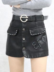 Fashionable High Waist PU Leather Mini Skirt Womens Autumn Winter New Style Korean Version Slimming Sequin Embellished Wide Leg Pants