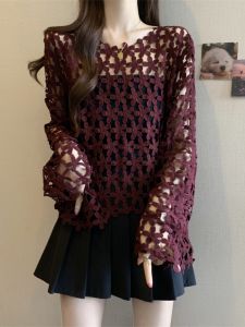 AIYITI | Floral Lace Hollow Out Red Plus Size Sweater Top