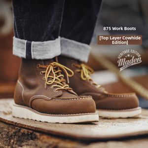 MADEN | Mens Winter American Retro Full-grain Leather Square-toed Boot