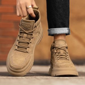 Mens Martin Boots Genuine Leather Outdoor Casual High Top Retro British Style Fleece Lined Short Work Boots Winter Wear