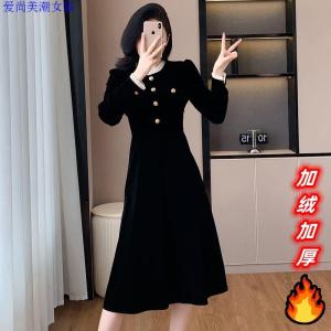 ชุดเดรสยาวทรงเอเอวสูงปิดด้วยกระดุมแขนยาวสไตล์ฝรั่งเศสสำหรับผู้หญิง ฤดูใบไม้ร่วง 2024 ชุดเดรสยาวปานกลางทรงเอ