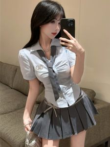 GUZILIAN | Summer Sweet School Uniform Style JK Uniform Pure Desire Spicy Girl Pleated Slim Waist Shirt High Waist Pleated Skirt Set Trendy