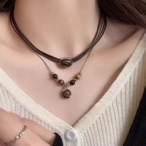 Vintage Tiger Eye Stone Pendant & Double-Layer Beads Necklace: A Stylish Gift for Women