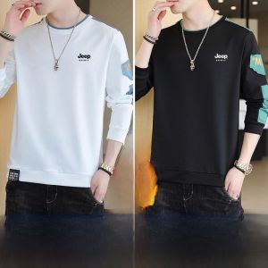 Jeep Spirit Mens Casual Fleece Lined Hoodie round Neck Long Sleeve T-Shirt Spring Autumn Loose Fit Polyester Spandex Blend