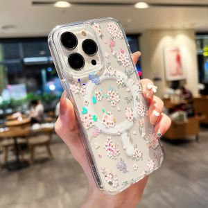 Flower Pattern For Magsafe Transparent Case For iPhone 15 17 16 13 11 12 14 Pro Max 17 Air Magnetic Wireless Charging Soft Cover