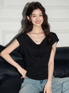 Basic House | French Style Black Swing Neck Flutter Sleeve Knit Top Slim Fit