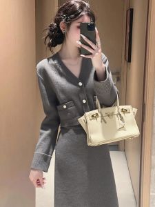 Elegant Gray Knitted Dress Set Autumn Winter High Waist A-Line Silhouette Soft Polyester Fiber Long Sleeve Casual Wear