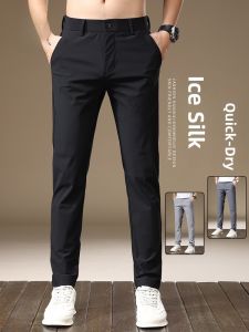 ROMON | Lormen Mens Casual Pants Summer Thin Business Ice Silk Quick Dry Elastic Sports Slim Straight Long Pants Breathable Comfortable