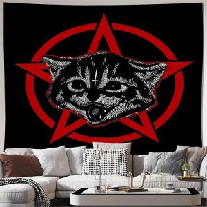 VIKAMA Pentagram Cat Tapestry Gothic Evil Cat Dark Punk Aesthetic Wall Hanging Home Decor for Heavy Metal Rock Fans Bedroom