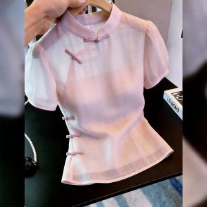 KUNAILIN | Elegant Modern Chinese Pink Short Sleeve Summer Shirt D Frog Fastenings