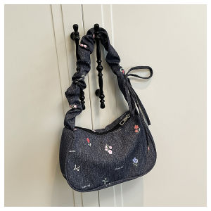 Casual Floral Single Shoulder Bag Womens Stylish Underarm Bag Folded Butterfly Knot Handbag Soft Square Shape Polyester Lining