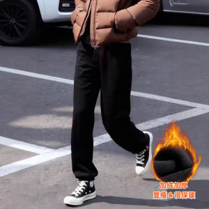 Gray Fleece Lined Thickened Sweatpants Womens Winter New Elastic Loose Fashion Anti Aging Straight Leg Sports Cuffed Pants
