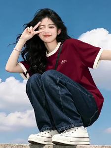 GOOJODOQ | Summer New Red Color Cotton Loose Women T Shirts