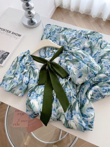 PAIBOLI | Butterfly Knot Short Sleeve Bubble Sleeve Dress Summer New Style French Collar Oil Painting Floral Pattern Elegant Midi Dress