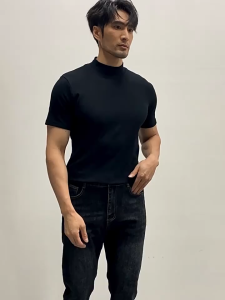 Mens High collar plain short sleeve TOP Slim muscle casaul t-shirt for men