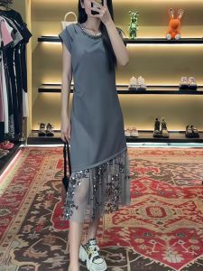 Summer 2025 French Lace Splicing Diamond Embedded Long Dress Design Sense Commute Slimming Versatile Dress Korean Style Short Sleeve round Neck