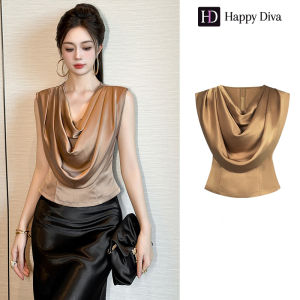 Happy Diva 2025 ผู้หญิงสีน้ําตาลแขนกุดอเนกประสงค์เสื้อสีดําซาตินนางเงือกชุด 31256