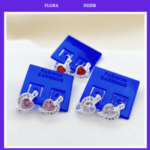 FLORA 0535B - Bông tai bạc ta hình trăng mix hình trái tim màu đỏ hồng trắng dành cho bé gái