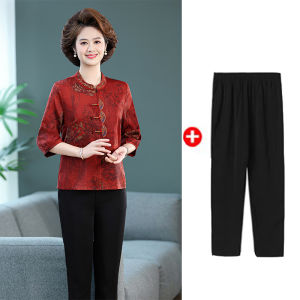 เสื้อเชิ้ตไหมไหมพรมไหมหม่อนลายดอกไม้แขนยาวปกติสำหรับผู้หญิงวัยกลางคนและผู้สูงอายุในฤดูใบไม้ผลิและฤดูร้อน