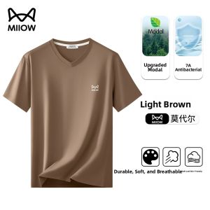 Miiow | Cool Feeling Modal Silk Cotton Logo Design V-Neck Short Sleeve T-Shirt Mens Summer New Style Thin Base Layer Casual Tee