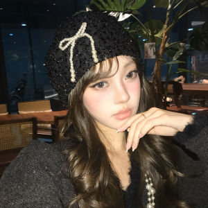 ผู้หญิง ฤดูใบไม้ร่วง ฤดูหนาว หมวกปมผีเสื้อมุกเลื่อมยืดได้หนึ่งขนาดเหมาะกับใบหน้าส่วนใหญ่ พรางหุ่น หมวกสไตล์โดมสภาพอากาศหนาวเย็น