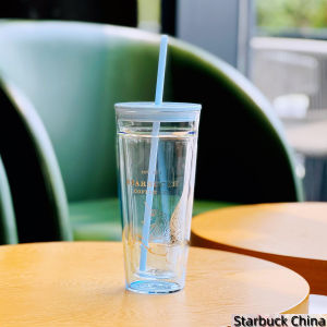 Starbuck Official Store Starbuck Cup 2022ฤดูร้อนความจุขนาดใหญ่ Merry-Go-Round Style Gradient Blue Double Glass Straw Cup Starbuck Tumbler Starbuck Mug