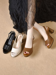 รองเท้าแตะส้นสูงแบบสวมหัวรูปปากปลาสำหรับผู้หญิงในช่วงฤดูร้อนปี 2025 ส้นสูงแบบหนา รองเท้าแตะแบบสวมหัวแบบลำลอง กันน้ำ พื้นรองเท้า PU