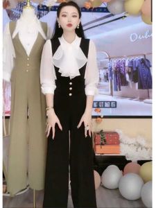 Fall 2024 Fashion Suit Palace Style Shirt Long Sleeves Loose Pants Strap Elegant Lotus Leaf Collar Lining New Arrival