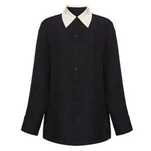 Long Sleeve Womens Shirt 2024 Spring Autumn New Style White Black Color Block Turn-down Collar Top Korean Style Loose Fit