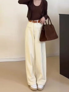 ขากว้างตรงบาง กางเกงยีนส์ ผู้หญิง ฤดูใบไม้ผลิ ฤดูใบไม้ร่วง ใหม่ หลวม พรางหุ่น กางเกงยาวถึงพื้น เอวสูง สไตล์เกาหลี ลำลอง กางเกงขายาว