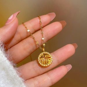 Dây chuyền nữ OYJR bằng titan mạ vàng 18K cao cấp không gỉ chữ phúc phong cách retro cổ điển sang trọng