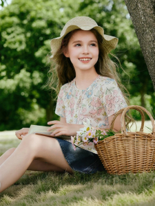 XIANGYING | Pure Cotton Printed Shirt Girls Loose Fit Short Sleeve