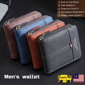 Mens PU Leather Wallet Male Short Zipper Wallet Drivers License Leather Case Card Holder Wallet Mens Bag Mens Wallet Lelaki Pendek Dompet Pelbagai Kad男士拉链钱包