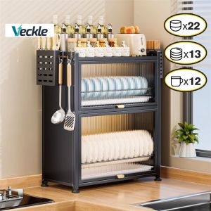 Veckle Dish Rack Organizer With Cover Multipurpose Kitchen Cabinet Organizer With Drainer And Pull Out Design Countertop Storage Rack For Plates Cups Utensils Drying Rack With Transparent Window Big White Black