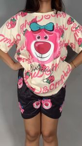 Plus Size Ternos for Women Outfit Strawberry Bear Print Loose Short-sleeved Tshirt+wide-leg Pants