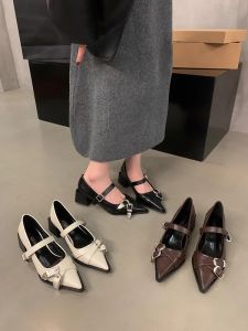Retro Black Pointed Toe Chunky Heel Womens Shoes Mary Janes Fashionable Leather Footwear for Young Women Ages 18-40