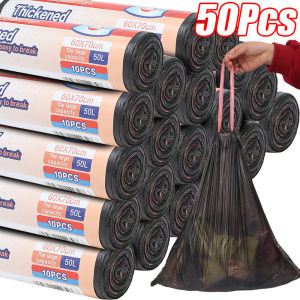 5 ม้วน ถุงขยะแบบมีเชือกผูก / ถุงพลาสติกหนาสำหรับใช้ในครัวเรือน / ถุงขยะในครัวคุณภาพสูง / ถุงขยะแบบมีเชือกผูกแบบใช้แล้วทิ้งสีดำ