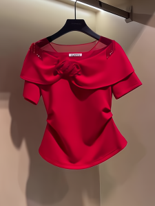 Western Style Flower Rhinestone-Embedded Red Tops Summer Stylish Patchwork Nipped-Waist Short-Sleeved T-shirt Wedding Bridesmaid Dress Small Shirt