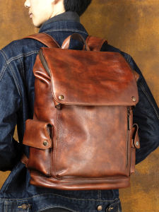Retro Genuine Leather Backpack Top Layer Tanned Cowhide Double Shoulder Computer Bag Casual Travel Bag Men Women Hiking Bag
