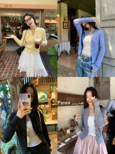 Pusumede Womens Knitted Sweater round Neck Slim Fit Short Style Outerwear Korean Version Gentle Temperament Cardigan Top