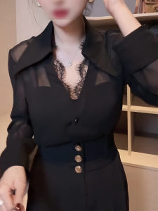 UYFY | เสื้อเชิ้ตแขนยาวสีดำสไตล์เกาหลีสำหรับผู้หญิง ฤดูใบไม้ร่วง 2025 แฟชั่นอเนกประสงค์ ผ้าฝ้ายโพลีเอสเตอร์ ทรงปกติ