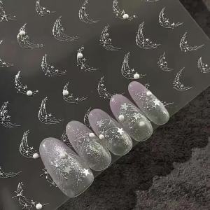 French Chain Nail Stickers Paired with Pearl Gold Silver Moon Star Pattern Self-adhesive Nail Art Decorative Stickers DIY Decals