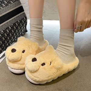 Cute Bear Womens Slippers Indoor Outdoor Wear Resistant Non-Slip Warm Fleece Lined Slip-On Shoes Roman Style Velvet Material