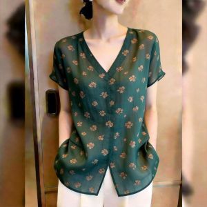 KUNAILIN | Fashion V-Neck Short Sleeve Floral Slimming Commute Top Green
