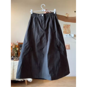 Black High Waist Drawstring Work Skirt Women plus Size Belly Covering A-Line Midi Skirt Pear Shape Body Slimming Umbrella Skirt
