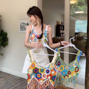 Summer Womens 2025 New Dopaamine Hooked Floral Hollow out Vacation Top Short Thai Style Vest Small Shirt Tassel Trim