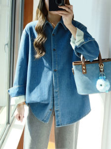 เสื้อเชิ้ตยีนส์บุขนแกะหนาสำหรับผู้หญิงไซส์ใหญ่ ทรงหลวม แขนยาว ปกโปโล สีพื้น ปิดด้วยกระดุม ฤดูหนาว 2024