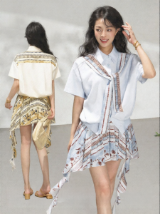 KEIKO | Casual Holiday Style Short Sleeve Shirt Set with Ribbon and Printed Skirt